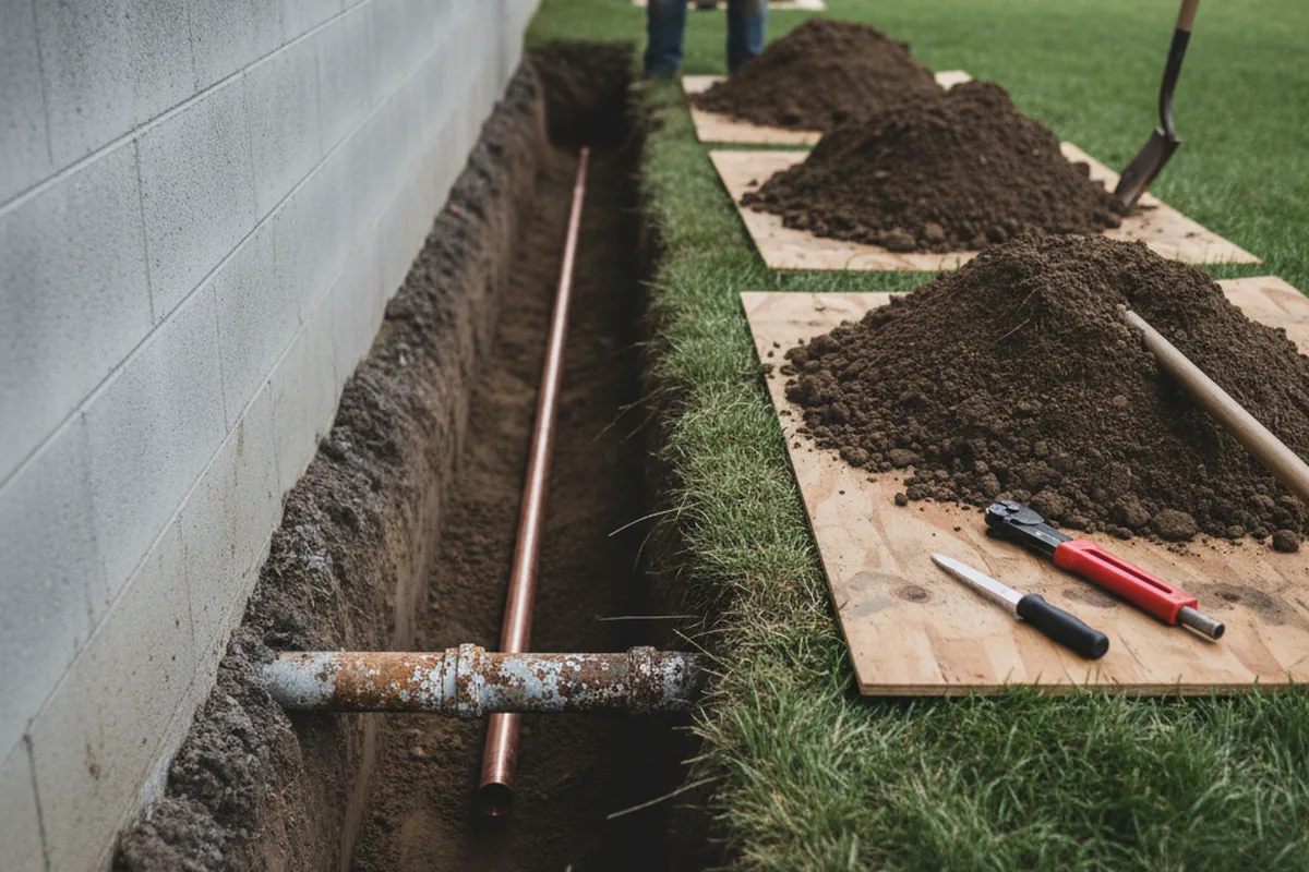 Excavated water line trench during Sewer Line Repair in Purcell